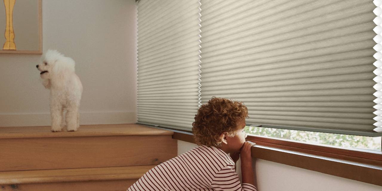 Hunter Douglas Duette® Cellular Shades with a Child Beneath Looking Outside near Roseville, CA