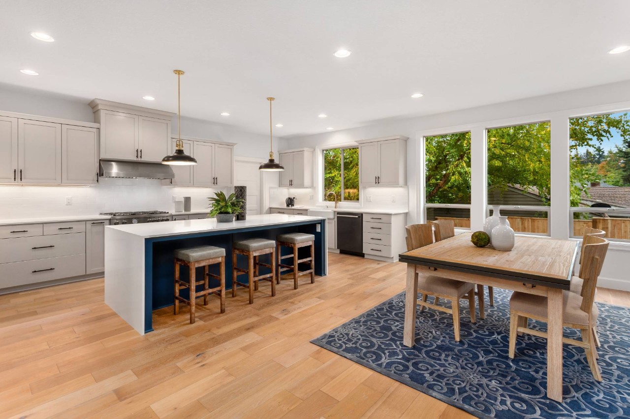 A dining room with modern and rustic combined styles at Blind Corners near Roseville, CA