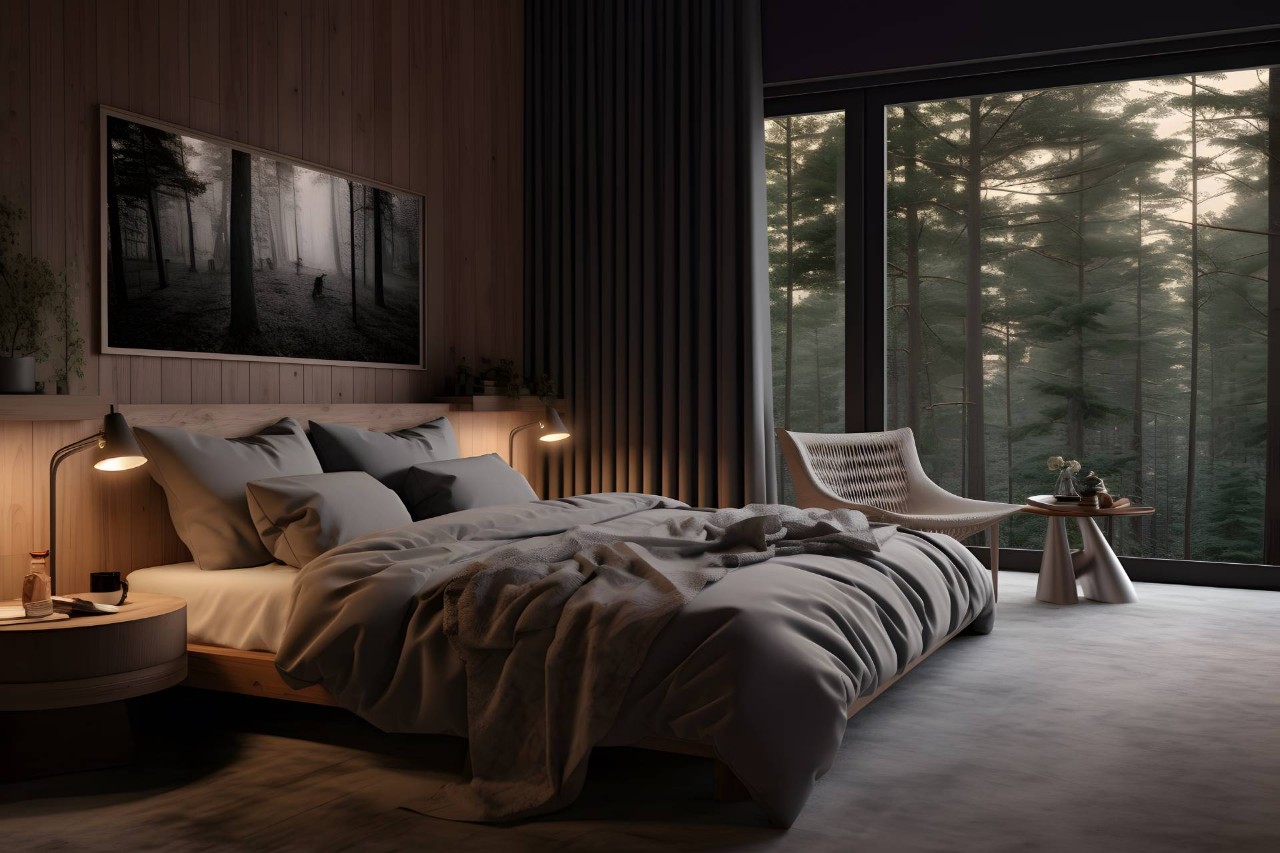 A bedroom with a large window and blackout window treatments at Blind Corners near Roseville, CA