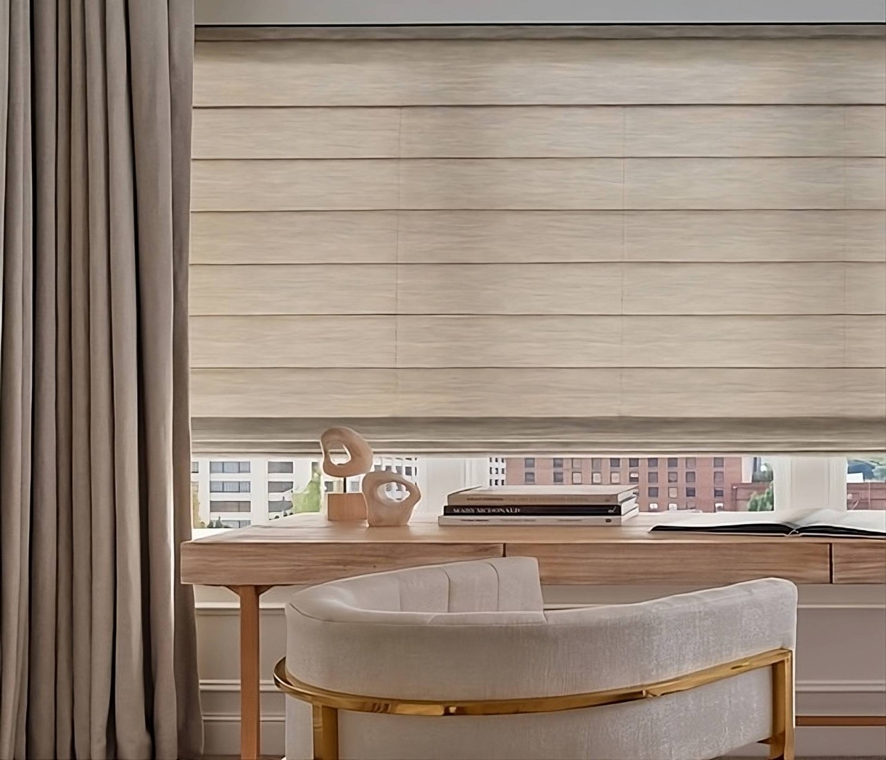 Hunter Douglas Alustra® Woven Textures® Roman Shades with gold accents near Roseville, California (CA)