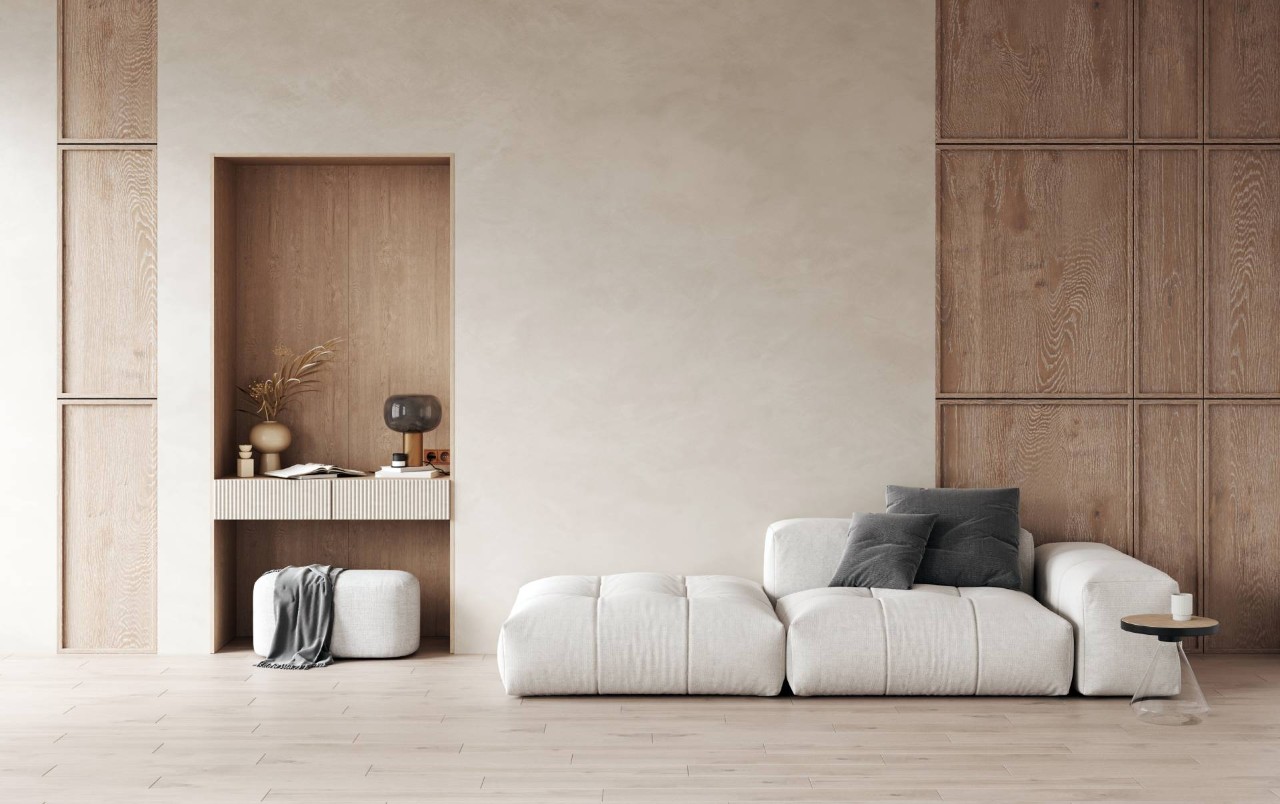 A modern living room with white furniture and wood paneling at Blind Corners near Roseville, California (CA)